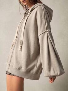Bohemela Women's Solid Color Drop Shoulder Long Sleeve Zipper Front Drawstring Hooded Fleece Sweatshirt - Apricot - View 4