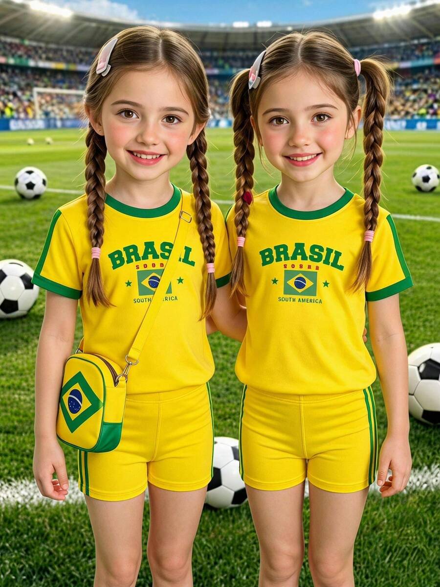 Setelan Pakaian Musim Panas/Musim Semi/Musim Panas/Musim Gugur untuk Anak Perempuan Muda, Kreatif, Personalisasi, Motif Bintang Lima Brasil, Garis Kuning & Hijau, Sisi Dasar Kuning, Garis Ganda Hijau, Huruf, Slogan, Gaya Kasual, Setelan Kaos Pendek + Celana Pendek Biker