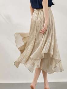 SHEIN Women's Solid Color Pleated Fashion Versatile Flared Skirt - Khaki - View 2