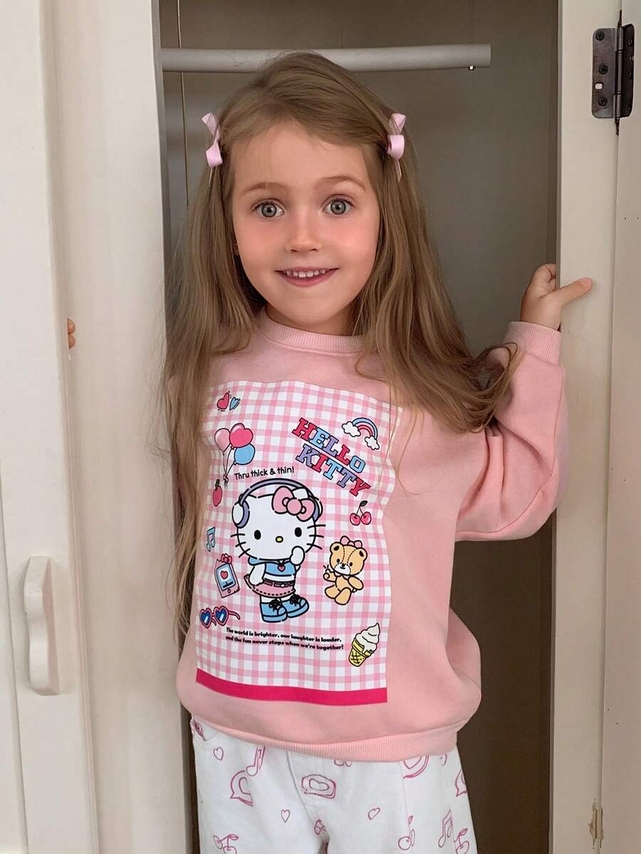 HELLO KITTY | DAZY Cute Round Neck KT Cat Pattern Thermal Lined Loose Long Sleeve Autumn/Winter Sweatshirt For Young Girls - Pink - View 1