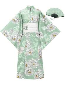Irokai 花卉印花日式傳統浴衣 - 青碧色 - 查看 6