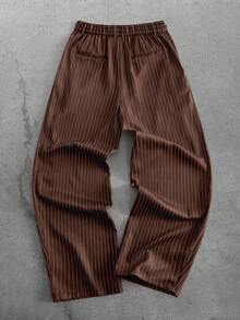 HIMLAND Pantalones holgados a rayas con diseño de hebilla en la cintura para hombre - Café integral - Ver 4