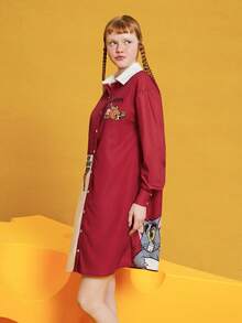 TOM & JERRY X SHEIN Ladies Cartoon Pattern Front Button Shirt Dress Nightgown - Multicolor - View 5