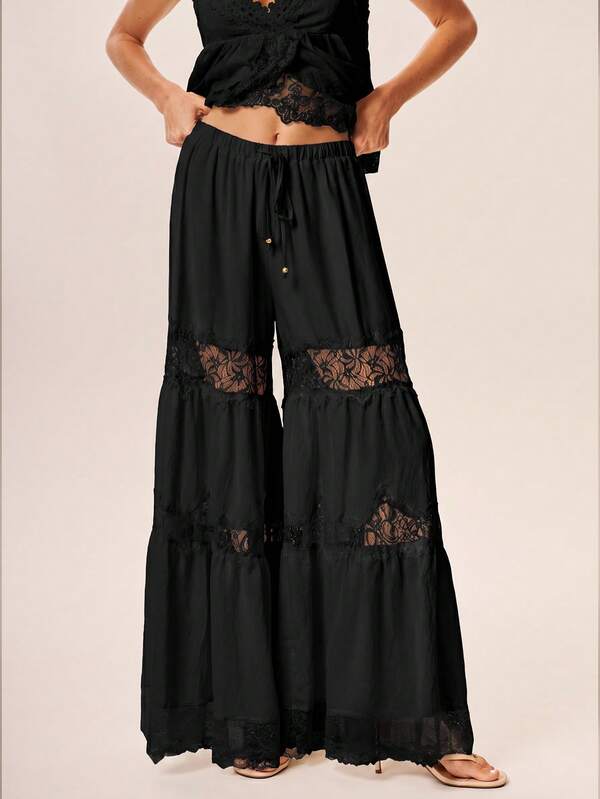 Willow Rêve Lightweight Thin Lace Patchwork Hollow Out Long Pants With Drape Heavy Workmanship . Vacation