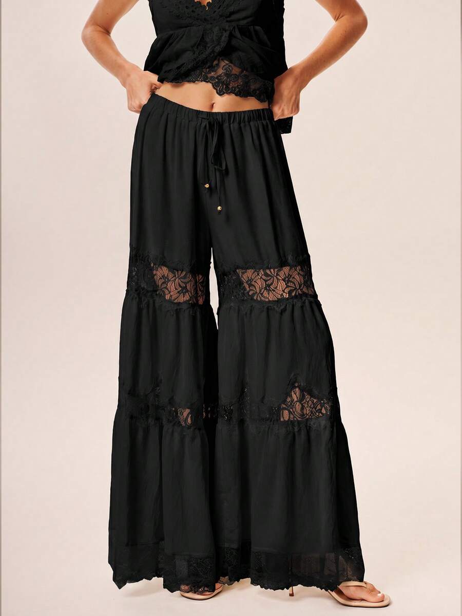 Willow Rêve Lightweight Thin Lace Patchwork Hollow Out Long Pants With Drape Heavy Workmanship . Vacation - Black - View 1