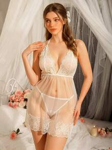 SHEIN 女款撞色蕾絲掛脖性感內衣洋裝附丁字褲 - 白色 - 查看 5