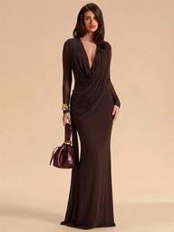 SHEIN BAE Women's Elegant Sexy Solid Color Ruched Mermaid Dress