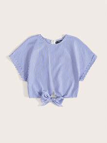 SHEIN LUNE Vertical Striped Knot Hem Zip Back Blouse,Short Sleeve Tops - Blue - View 3