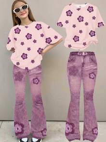 Vintage Floral Pattern Casual Loose Fit Short Sleeve Round Neck T-Shirt And Wide Leg Pants 2-Piece Set, Suitable For Spring & Summer - Multicolor - View 1