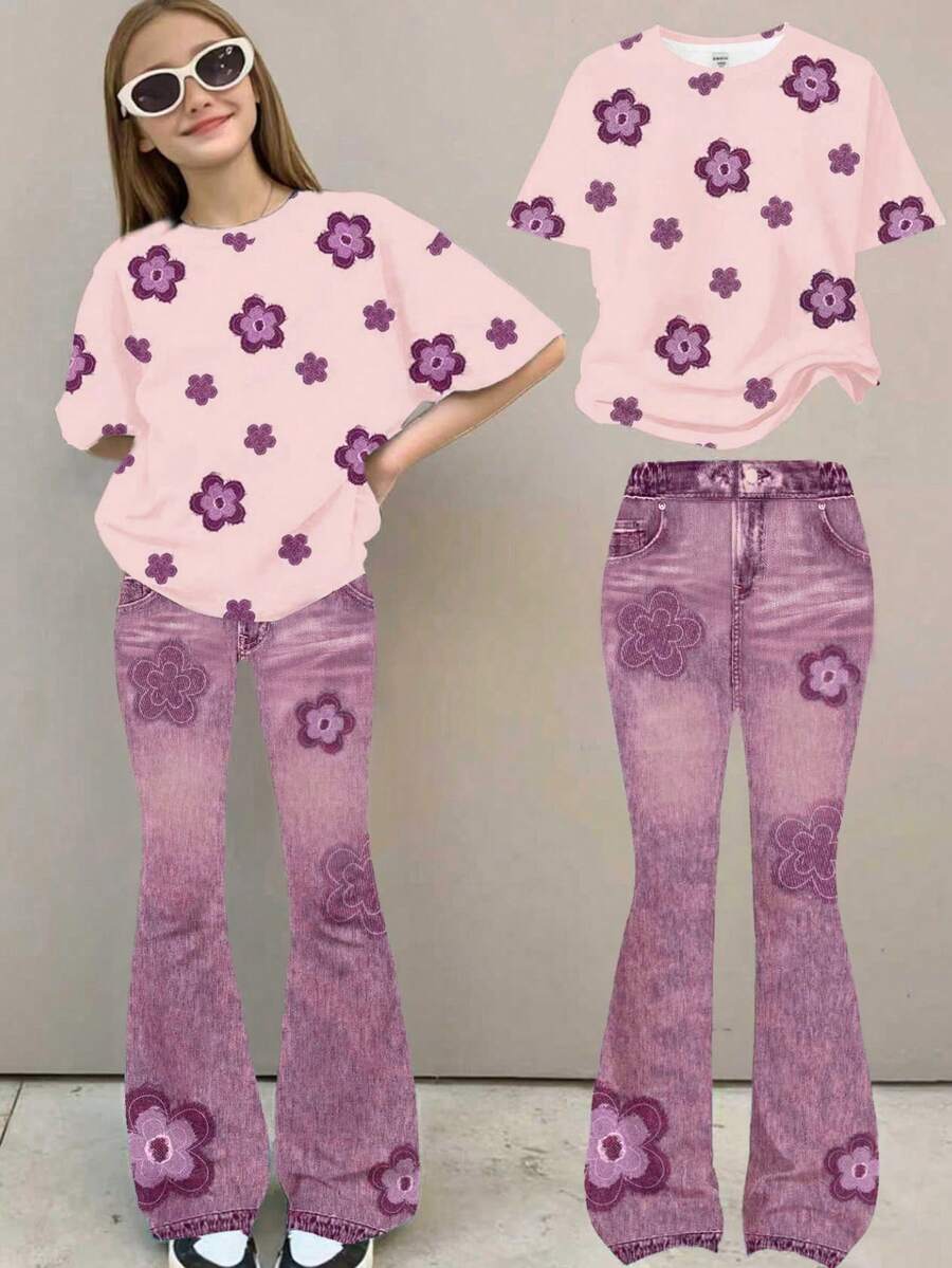 Vintage Floral Pattern Casual Loose Fit Short Sleeve Round Neck T-Shirt And Wide Leg Pants 2-Piece Set, Suitable For Spring & Summer - Multicolor - View 1