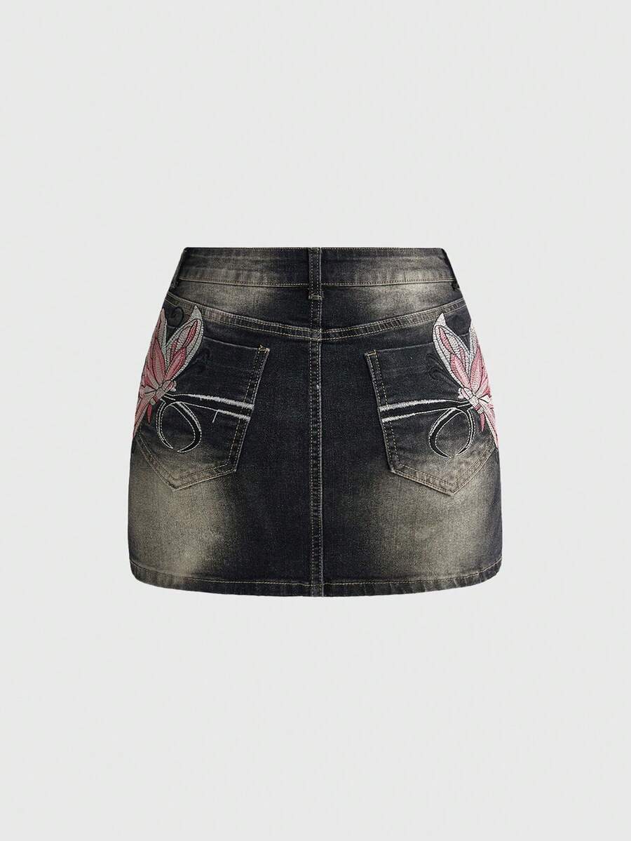 ROMWE Fairycore Y2K Sexy Fitted Butterfly Embroidered Low Waist Bodycon Mini Skirt - 黑色 - 查看 1