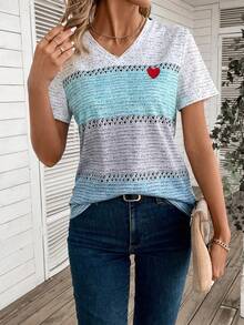 EMERY ROSE V-Neck Color Block Short Sleeve T-Shirt Graphic Tees Women Tops - Multicolor - View 5