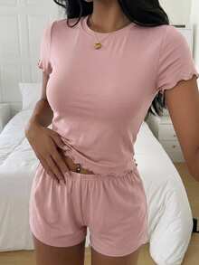 DAZY 2件組短袖T恤與寬鬆短版睡褲，純色夏季女款睡衣套裝 - 粉色 - 查看 1