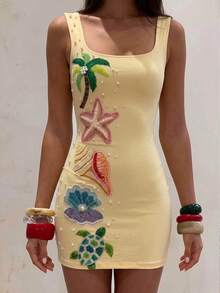 Sundraya Women's Faux Pearl Starfish Decor Square Neck Sleeveless Fitted Mini Dress - Multicolor - View 3