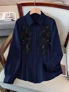GlowEve CURVE 大尺碼優雅正式亮片刺繡水鑽燈籠袖襯衫 辦公室晚宴穿搭 海軍藍 秋季 - 藏蓝色 - 查看 1