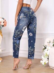 SHEIN PETITE 女款花卉圖案口袋鈕扣做舊設計休閒日常牛仔褲 - 藍色 - 查看 2