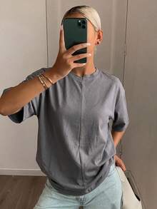 Livesso 春夏寬鬆休閒街頭設計拼接圓領基本款音樂節度假風短袖女款T恤 - 灰色 - 查看 2