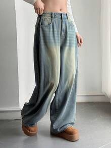 DAZY Women's Distressed Washed Faded Loose Wide Leg Jeans With Pockets, Casual Streetwear Vacation Spring Autumn Long Pants School - Blue - View 4