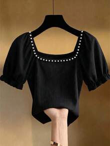 Franclia Women's Pearl Short Sleeve Black Minimalist Eleganza Knit Top, Elegant Loose Fit T-Shirt, Professional Casual Striped Textured Birthday Office Summer - Black - View 3