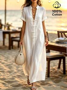 SHEIN Holidaya Stand Collar Sleeveless Front Toggle Buttons Side Pocket Maxi Dress, Solid Loose Long Dress For Resort Daily Casual Going Out Cotton Dress - White - View 3