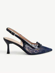 CUCCOO CHICEST French Lace Pointed Toe Slingback High Heels 2026 Spring And Summer New Bow Kitten Heel Sandals Women - ink blue - View 5