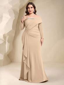 Coutiva Vestido de Noche Formal Plisado con Adornos de Strass Talla Grande (Estilo de Trabajo Pesado) - Albaricoque - Ver 6