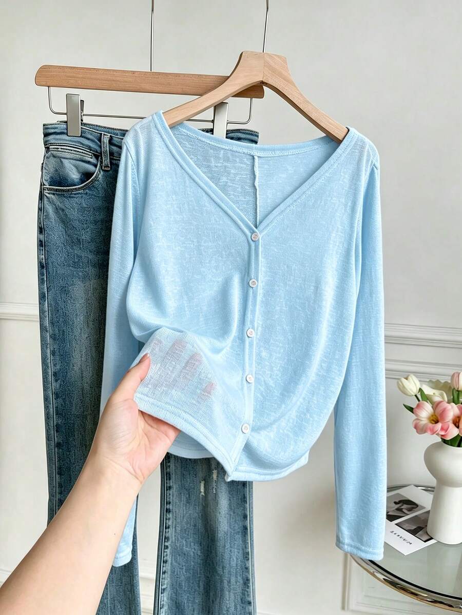 INAWLY Casual Versatile Solid Color Long Sleeve Front Button Top - Baby Blue - View 1
