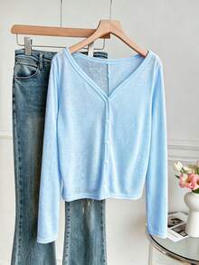 INAWLY Casual Versatile Solid Color Long Sleeve Front Button Top - Baby Blue - View 3