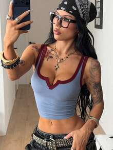 Coolane Women's Summer Concert Rave Festival Going Out Renaissance Fair Club Sexy Y2K Rib Knit Color-Blocked Notched Collar Truncated Blue Tank Top - Multicolor - View 2