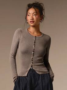 COSMINA Women's Casual Elegant Agate Button Light Brown Knit Top - Coffee Brown - View 5