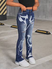 SHEIN Tween Girl Y2K Fashion Stonewashed High Waist Ripped Denim Long Jeans With Art Prints, Tween Girl Back To School Streetwear - Medium Wash - View 4