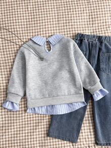 SHEIN 女童 2 合 1 拼接長袖衛衣，適合校園日常穿著、週末聚會、假期派對，秋季款 - 灰色 - 查看 2