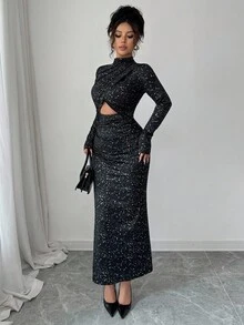 Elenzga 新款女款性感銀色塗層針織長袖洋裝，小立領、交叉抓褶腰部、鏤空設計、抽褶下擺附側開衩，春夏/秋冬派對與休閒百搭修身優雅長洋裝 - 黑色 - 查看 7
