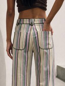 Nöista Multicolour Vertical-Stripe Wide-Leg Trousers With Front Patch Pockets. Everyday Outfits, Casual, College, Day-To-Night, Fall, Autumn, Winter. - Pink - View 10