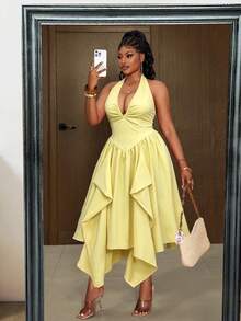 Maweii Women's Plus Size Elegant Pale Yellow Solid Color Fabric Halter Neck Design Ruched Chest Design Deep Shirred Back Tie Bow Backless Design Back Gathered Elastic Band Asymmetric Hem Design Yellow Dress Fashion Versatile Outing Party Gathering Night Date - Pale Yellow - View 7