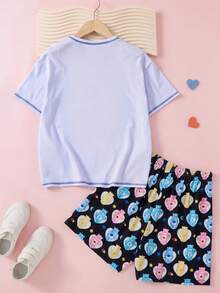 SHEIN X Care Bears Bộ áo thun cổ tròn tay ngắn và quần short cho bé gái tuổi teen - Màu tím - Xem 2
