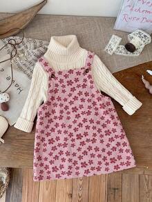 Emery Rose Kids Emery Rose Kids 小女孩兒童可愛酒紅色燈芯絨秋冬連身裙，附荷葉邊口袋與肩帶設計 - 粉色 - 查看 5