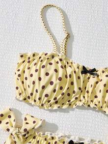 Swim Mod Set Pakaian Renang Wanita untuk Liburan, Atasan Camisole Motif Polkadot dengan Dekorasi Pita 3D dan Bawahan Bikini Segitiga - Aprikot - View 4