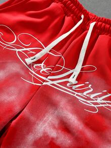 ROMWE MEN Street Life Teen Boy Casual Letter Print Drawstring Waist Pocket Shorts - Red - View 6