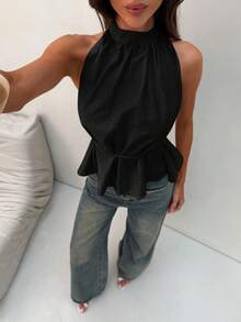 Aloruh Women's Elegant Halter Neck Backless Linen Solid Color Vacation Top Dinner Date Going Out Party Black Summer - Black - View 6
