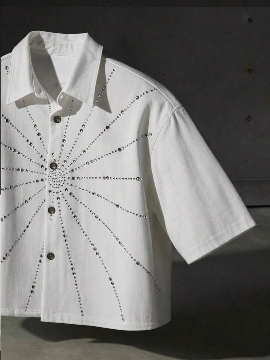 NEON BLANC Men's Rhinestone Printed Denim Shirt - White - View 1