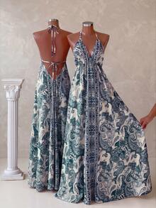 Louniche Vestido de mujer estilo vacaciones de verano con estampado, espalda descubierta y cordón ajustable - Azul - Ver 2