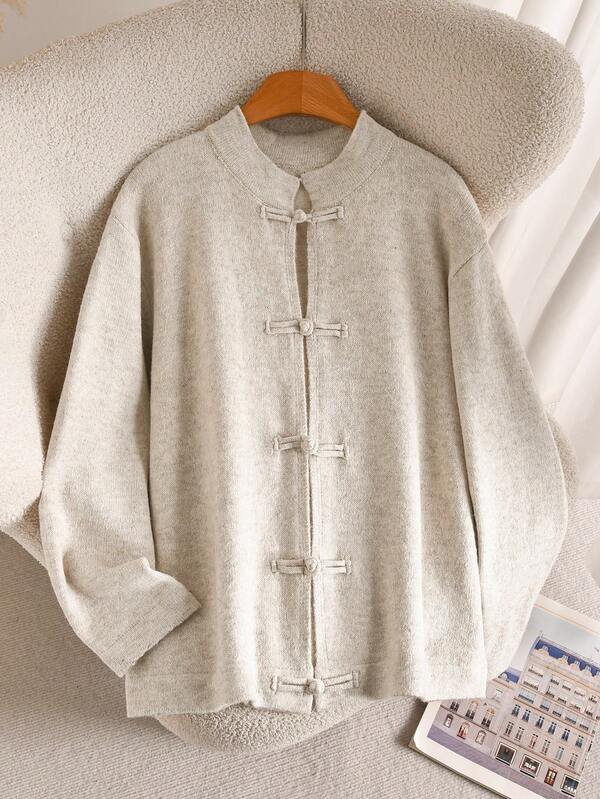 CosyJoli Plus Size Elegant French Style Casual Commute Minimalist Premium Chinese Knot Knit Cardigan Top For Women