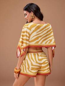 Glamance Animal Print Zebra Print Shawl Top And Elastic Waist Shorts Vacation Beach Outfit Night Out - Khaki - View 2