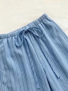 SHEIN EZwear 女款休閒腰部綁帶直筒長褲，適合夏季 - 淺藍色 - 查看 7