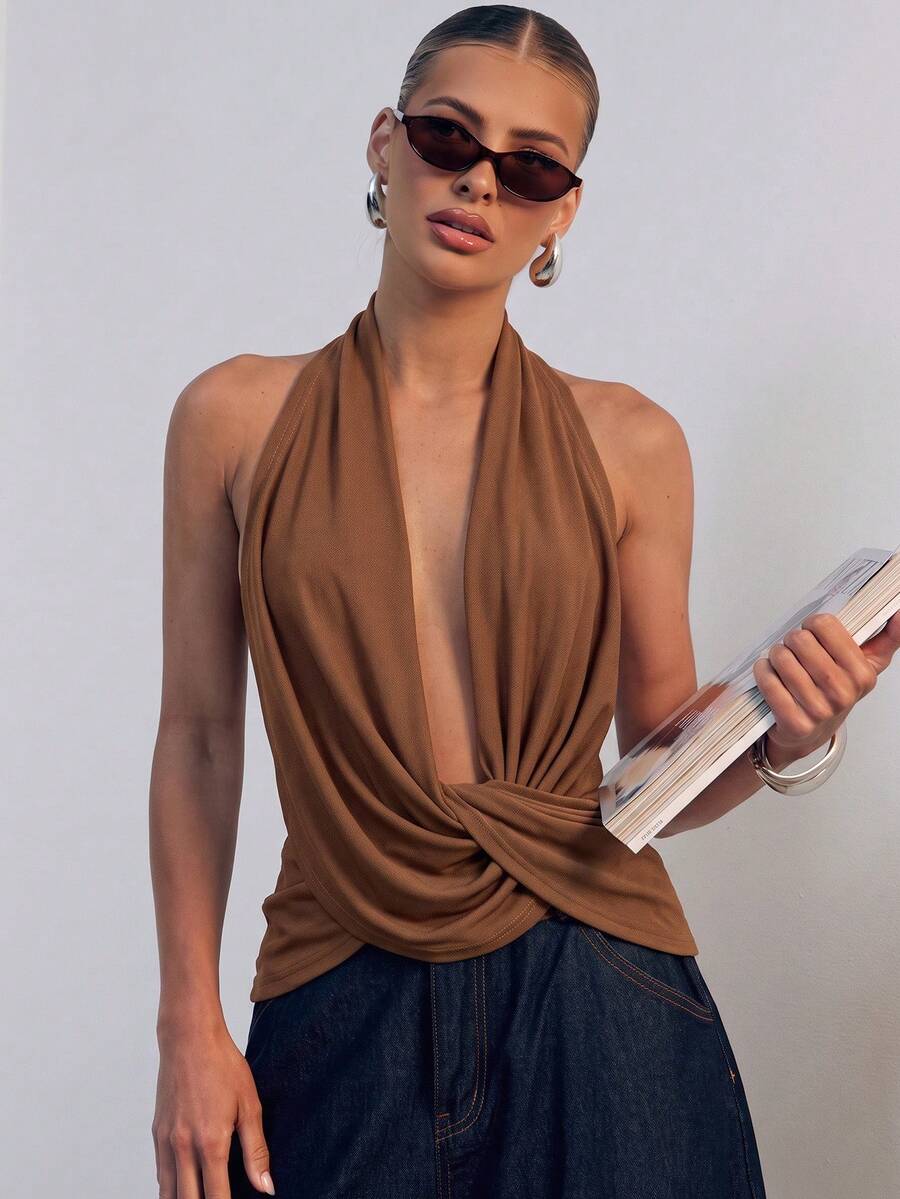 Hauture Asymmetrical Design Sleeveless Halter Neck Top - Brown - View 1