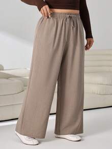 Solflare Plus Size Women's Solid Color Drawstring Waist Casual Versatile Wide Leg Pants For Daily Wear - Camel - View 6