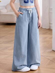 SHEIN Tween女孩休閒水洗寬腿牛仔褲 - 淺色水洗藍 - 查看 5