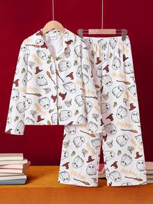 HARRY POTTER X SHEIN Set Piyama Anak Perempuan Remaja Motif Kartun Penyihir Burung Hantu Hedwig, Kemeja Kerah Berlapis dan Celana Santai, Tahan Api, Set Piyama Musim Gugur/Dingin, Gaya Preppy - Putih - View 2