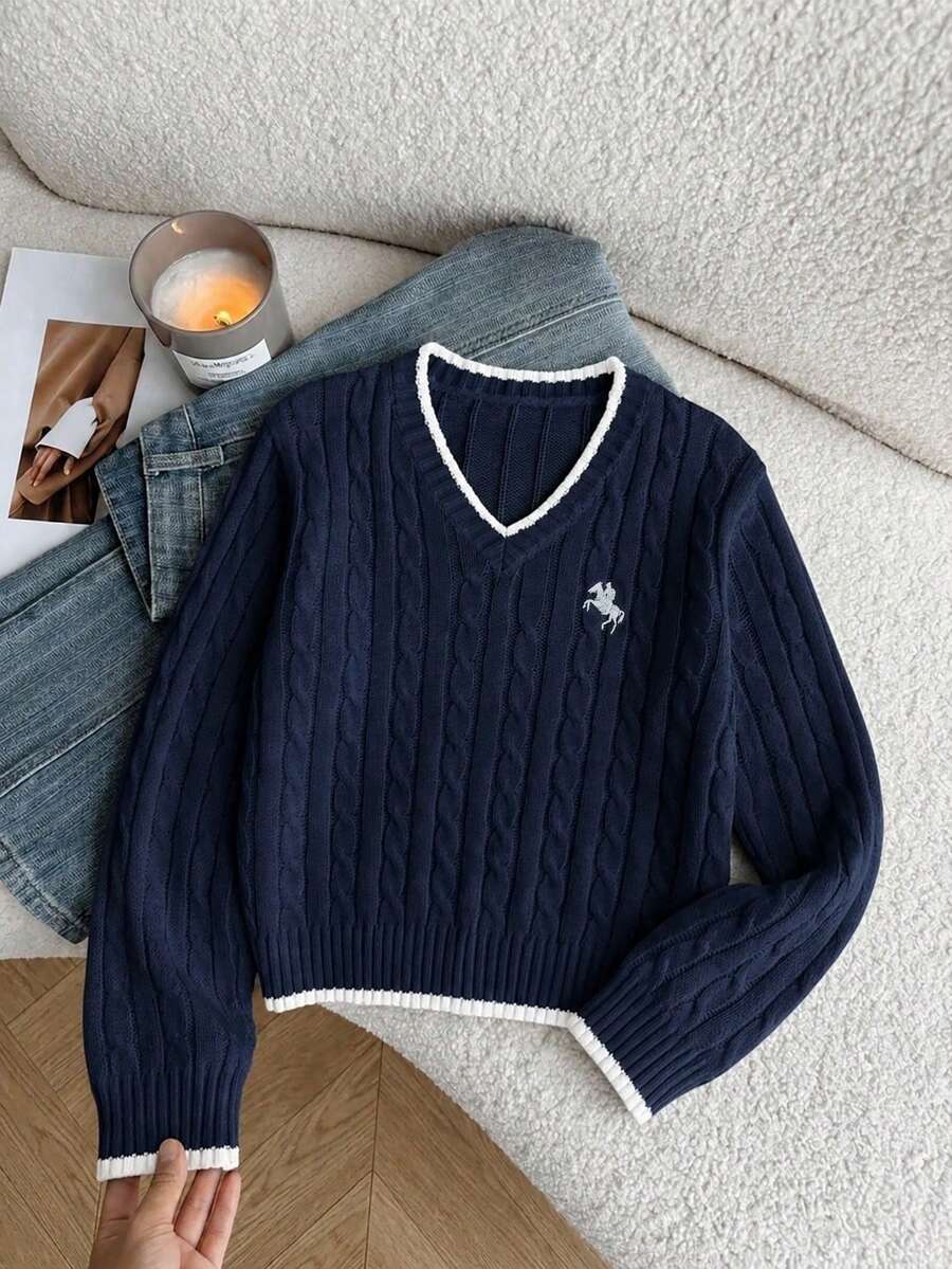 SHEIN 1件女童毛衣，時尚復古麻花編織，黑色滾邊修身百搭V領，小馬刺繡圖案，極簡休閒風，常規厚度配整齊下擺，適合日常穿著、外出、戶外聚會、派對等，秋冬穿搭 - 藏蓝色 - 查看 1